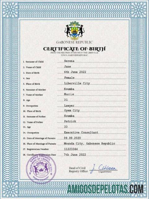 Realista modelo PSD de certidão de nascimento do Gabão